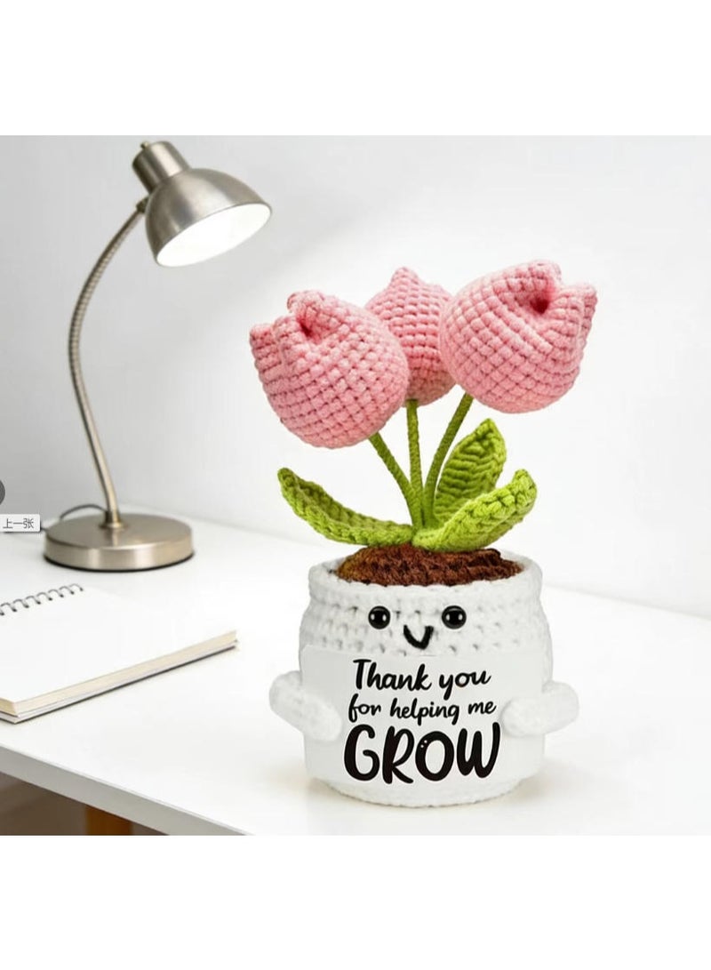Mordely Hand-Crocheted Simulation Sunflower and Tulip Potted Plant with Inspirational Sign, Positive Energy Home Office Decor Fake Flowers Arrangement - Image 2
